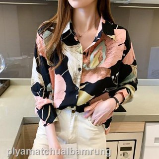 ♣﹉✌Autumn long-sleeved womens blouse, chiffon western style small shirt, age reduction printing shirt