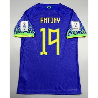 เสื้อบอล เพลเย่อ ทีมชาติ บราซิล เยือน 2022 Player Brazil Away พร้อมเบอร์ชื่อ 19 ANTONY อาร์ม ฟุตบอลโลก World Cup 2022