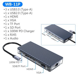 WB-11P USB C HUB 11IN1 TRANSPARENT USB3.0 TYPE-A, USB2.0 TYPE-A, HDMI, RJ45, TF &amp; SD, USB3.0 TYPE-C, VGA, AUDIO GREY