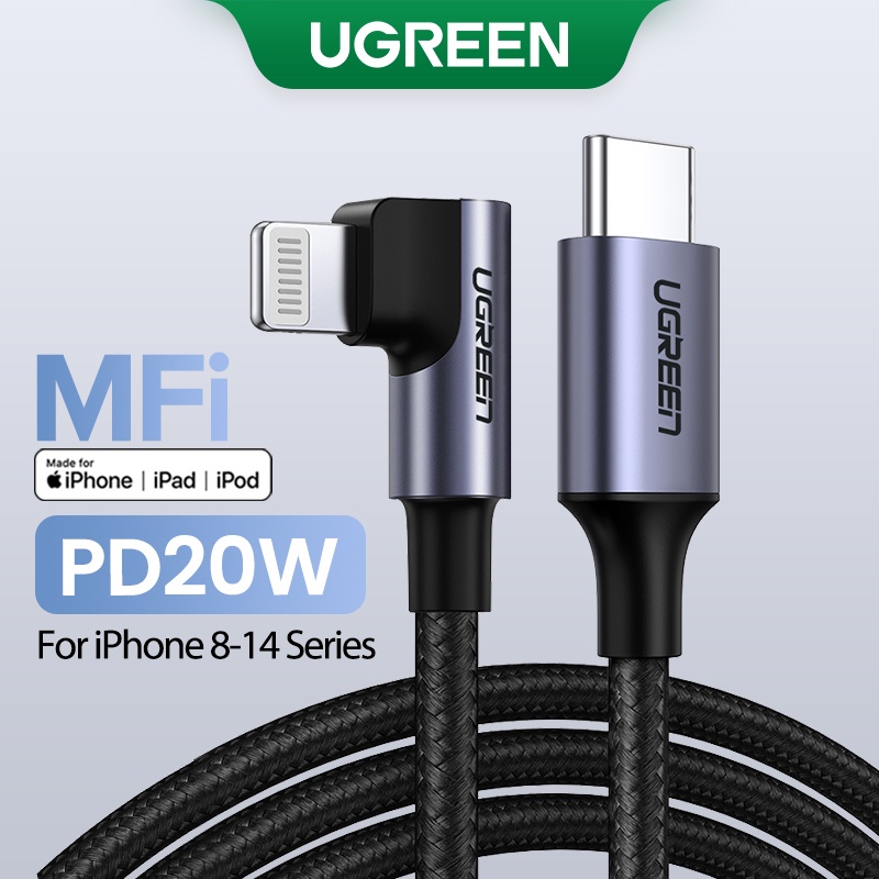 Ugreen สายเคเบิลไนล่อนถัก มุมขวา 90 องศา 3A MFI USB-C เป็น Lightning สําหรับ iPhone 13 12 11 8 Pro M