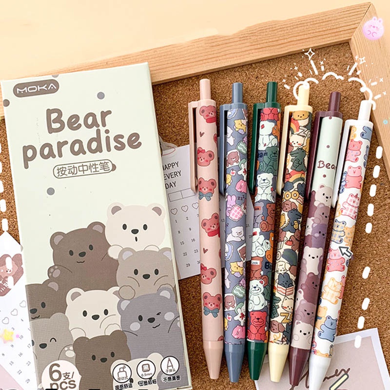 ปากกาเจล 0.5 มม. ลายหมีน่ารัก สีดํา สําหรับนักเรียน สํานักงาน เครื่องเขียน 6 ชิ้น