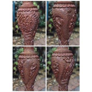 งานเก่า antique teak vase แจกันไม้สักกลึง แกะลายมังกรพันรอบ ไม่ผุ ขนาดกว้าง 20 ซม สูง 79 ซม