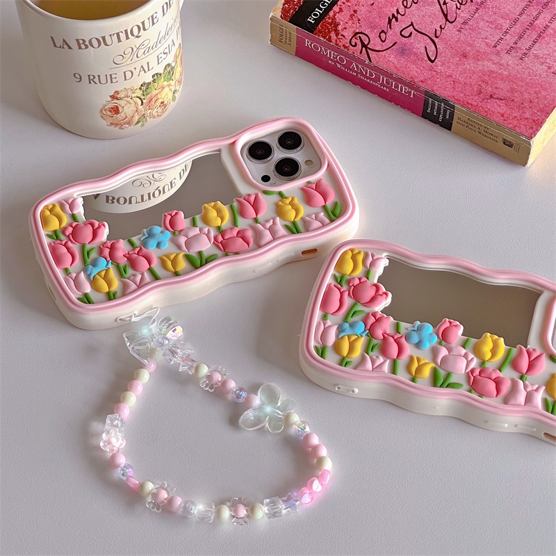 เคสโทรศัพท์มือถือ ซิลิโคน ลายดอกทิวลิป พร้อมกระจก สําหรับ iPhone 14 13 Pro Max 12 Pro Max 12 Pro 12 12 11 Pro Max 11