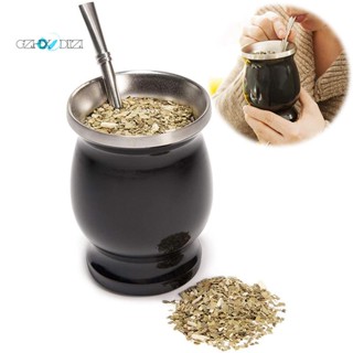 Yerba Mate ชุดน้ําเต้าสเตนเลส แบบสองชั้น และหลอดดูดชา 8 ออนซ์ สีดํา