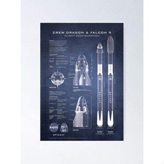 โปสเตอร์ NASA Spacex Crew Dragon Spacecraft Falcon 9 Rocket Blueprint ความละเอียดสูง สีน้ําเงินเข้ม สําหรับตกแต่งผนัง Fbh