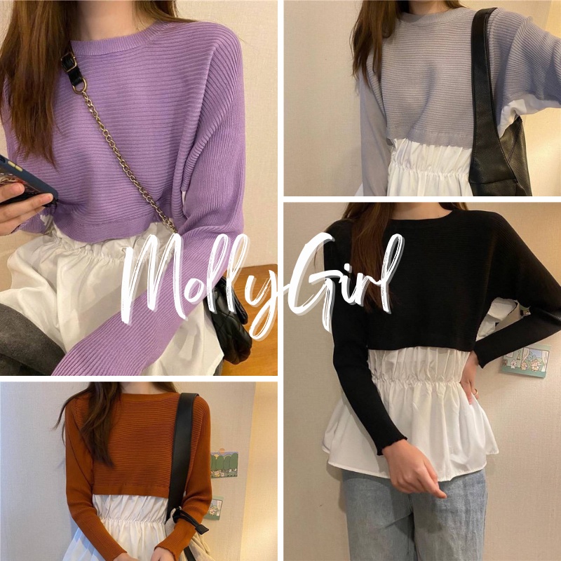 Mollygirl เสื้อจั้มเอวชายระบายทูโทนใส่แล้วดูผอมสไตล์เกาหลีเสื้อไหมพรม เสื้อกันนหนาว