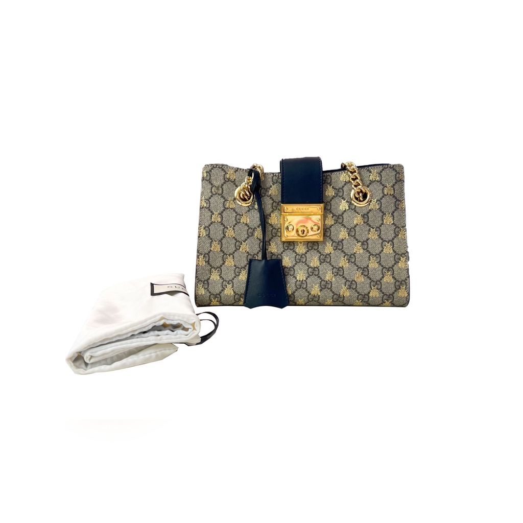 ✌⊙Gucci Gucci padlock series กระเป๋าสุภาพสตรีสีจับคู่กระเป๋าสะพายผึ้งกระเป๋าย้อนยุคของแท้