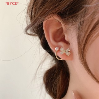 Byce&gt; ใหม่ ชุดเครื่องประดับ ต่างหู ชุบทอง 14K ประดับไข่มุก โบว์ เพทาย แฟชั่นเกาหลี สําหรับผู้หญิง