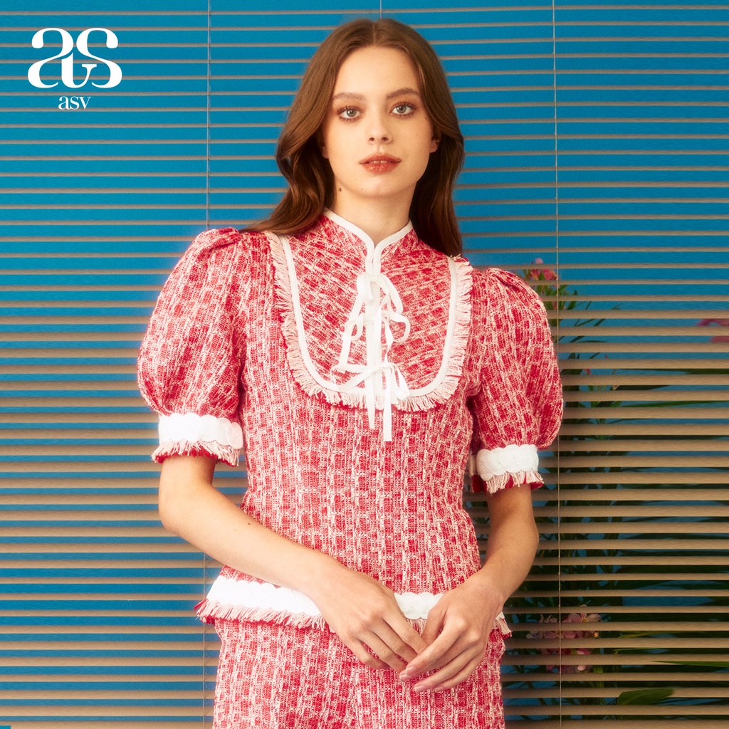 [asv rs23] Callie Tweedie Blouse เสื้อผู้หญิง แขนสั้นพอง คอจีน คอแต่งโบว์และเทปปีเก้ ชายแต่งพู่ ผ้าทวีต