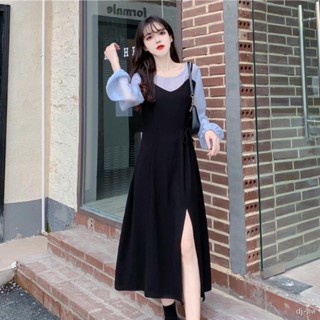 🎀Spot🎀2022 ชุดเดรสแขนยาวสองชิ้นปลอมใหม่ของผู้หญิงกระโปรงยาวร่องใหม่