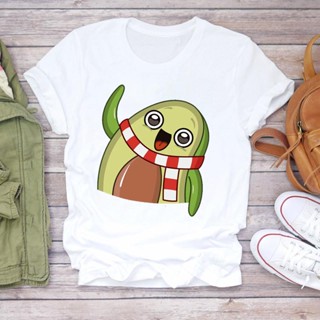 T-Cartoon Avocado Pattern Women T-shirts Holiday Merry Christmas T Shirt Women Cute Print Graphic Tees Women Top