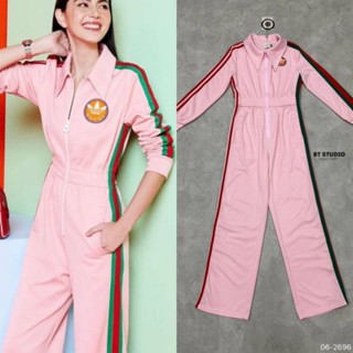 🚩รูปวางพิ้น ถ่ายจากสินค้าจริง 🚩 jumpsuit สีชมพูแต่งแถบ bt 06-2696