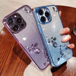 เคสโทรศัพท์มือถือ ซิลิโคนนิ่ม TPU ใส ปิดด้านหลัง ลายดอกกุหลาบ ประดับเพชรเทียม ระยิบระยับ แฟชั่น สําหรับ iPhone 14 Pro Max 14