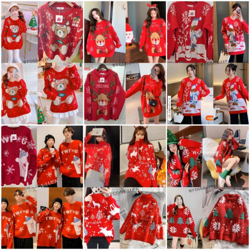 เสื้อสีแดง เสื้อสเวตเตอร์ลายคริสต์มาส ใส่ได้ทั้งชายและหญิง สาวอวบใส่ได้จ้า