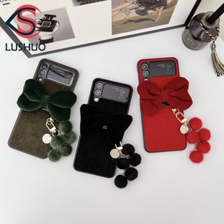 Lushuo เคสโทรศัพท์มือถือ ผ้ากํามะหยี่ขนนิ่ม ปิดด้านหลัง ประดับโบว์น่ารัก พร้อมจี้ สําหรับ Samsung Galaxy Z Flip 3 5G and Z Flip 4 Z Flip3 ZFlip3 ZFlip 3 Z Flip4 ZFlip 4