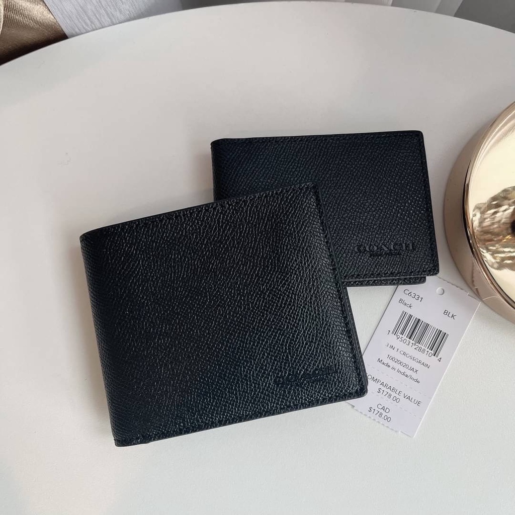 🎀 (สด-ผ่อน) C6331 กระเป๋าสตางค์ใบสั้น สีดำมีไส้ COMPACT ID WALLET IN SPORT CALF LEATHER