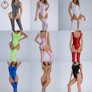 Women Glossy Swimsuit High Cut Backless Thong Bodysuit oily Blackless Leotard Jumpsuits &amp; Rompers