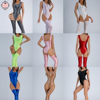 Women Glossy Swimsuit High Cut Backless Thong Bodysuit oily Blackless Leotard Jumpsuits &amp; Rompers