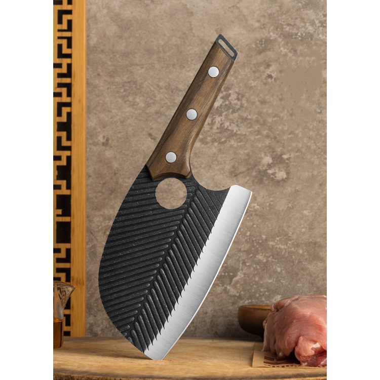 E35 มีดอีโต้+ซอง/มีดสับ/มีดหั่น/มีดทำครัว ยาว26ซม. หนา3มิล หนัก320กรัม ด้ามไม้แท้ แบบหัวกลม - รูปที่ 5