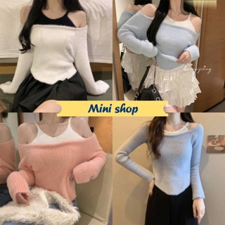 Mini shop🌸พร้อมส่ง🌸(U041) เสื้อไหมพรมเปิดไหล่ ดีเทลขนมุ้งมิ้งน่ารักใส่สบายคิ้วๆ