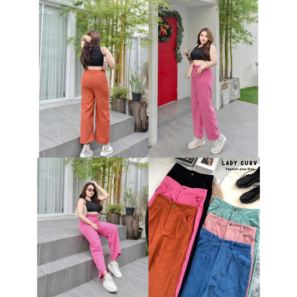 กางเกงขายาวลูกฟูก รุ่นกระเป๋ายีนส์ กระดุมเหล็ก ขากระบอก สีคัลเลอร์ฟูล Plussize สาวอวบ