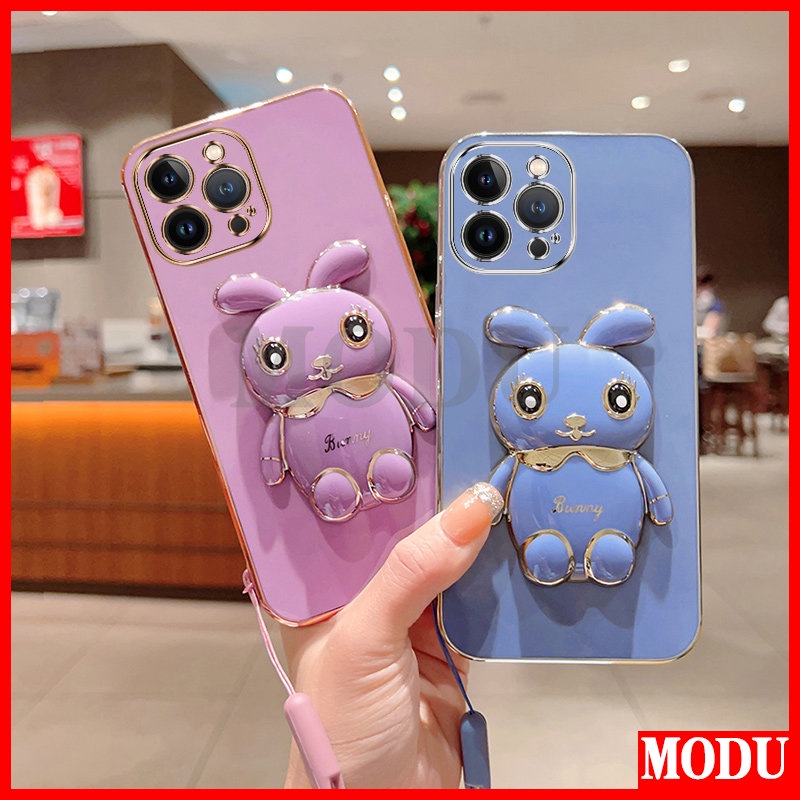 เคสโทรศัพท์มือถือ แบบนิ่ม ลายกระต่าย 6D หรูหรา พร้อมสายคล้อง สําหรับ VIVO Y16 Y22 Y22S Y35 Y85 Y51 Y
