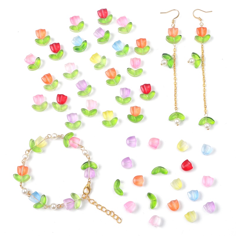 [9X9X5.5 มม.] ลูกปัดแก้วใส รูปดอกทิวลิป ดอกไม้ ใบไม้ หลากสี สําหรับทําสร้อยข้อมือ ต่างหู diy