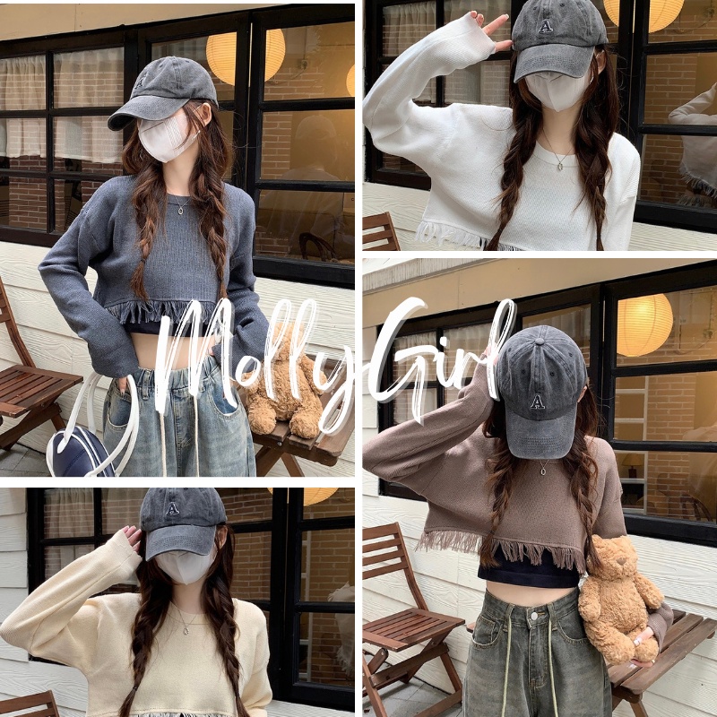 mollygirl เสื้อแขนยาวเอวรอยแต่งขอบ น่ารัก เสื้อครอป