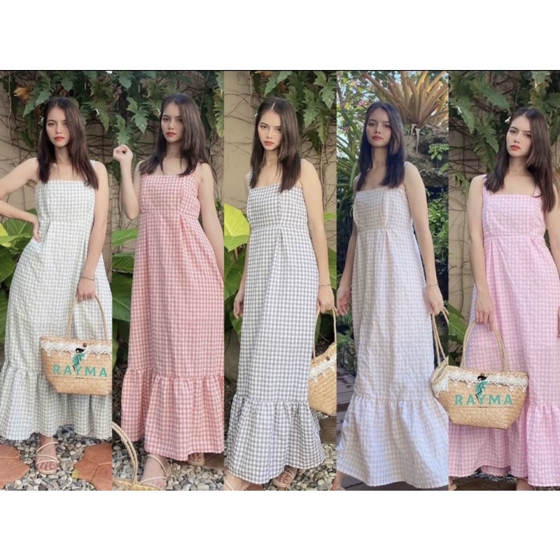 008ชุดเดรสยาวสายเดี่ยวลายตารางทรงน่ารัก