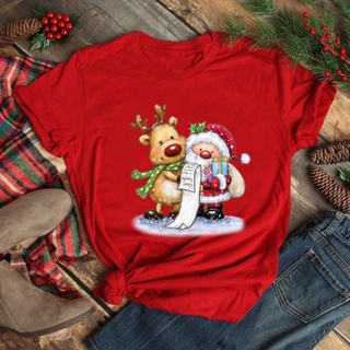 CUTE Santa and Reindeer T Shirt เสื้อยืดการ์ตูนคริสต์มาสสีแดงชายและหญิงแขนสั้นไซส์ใหญ่