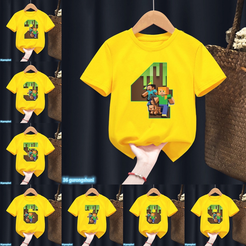 Minecraft วันเกิดเด็กเสื้อ Tees ชื่อที่กําหนดเองตลกหมายเลข 2-9 T เสื้อ Mc NPC หมูเขา Notch Steve Ale