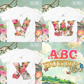 [S-5XL]ผ้าฝ้าย 100% เสื้อยืดตัวอักษรกระต่าย  ABC Bunny Flora ตัวอักษร(V W X)