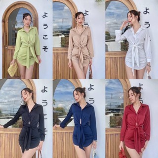 Tuktaclothing ชุดเดรสกระโปรง คอปก แขนยาว รุ่นนี้ผูกเข้าเอว เข้ารูปสวยมาก มี 6 สี