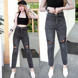 Cc jeans 122 XXL กางเกงยีนส์ผู้หญิง ทรงบอย เอวสูง แต่งขาด