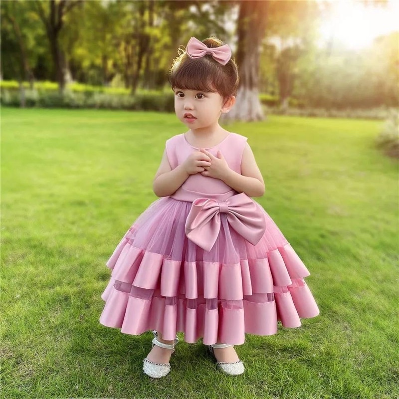 พร้อมส่ง 7633 ชุดราตรีเด็ก ชุดเดรสสีชมพู สีชมพู สีชมพูกะปิ ชุดราตรีเด็กอ่อน 1-6 ปี ชุดราตรีเด็กสีชมพู pink dress