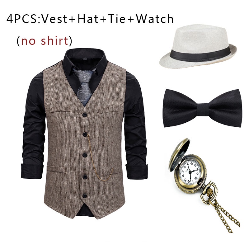 1920s ผู้ชาย แกสบี้ แก๊งสเตอร์ เครื่องแต่งกาย ชุด 30s แมนฮัตตัน Fedora หมวกแขวนเสื้อกั๊กผูก พรรคอุปก