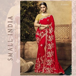 {**ส่งฟรี**} SMALL INDIA 🥻 Georgette Embroidery Work 🥻 Women Designer Saree