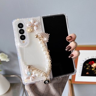 Samsung Galaxy Z Fold 5 Z Fold 4 Z Fold 3 Fold 2 เคสแข็ง ประดับเพชรเทียม พลอยเทียม ลายดอกไม้ 3D แวววาว พร้อมสายคล้องมือ สําหรับ