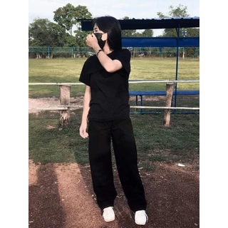 กางยีนส์ทรงกระบอก กระบอกดำ ผ้ายีนส์ไม่ยืด เอวสูง ทรงวินเทจ