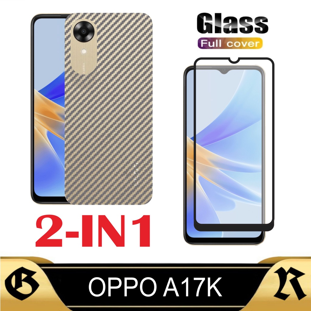 LAYAR 2-in-1 Garskin Carbon Oppo A17K 2022 แพ็คเกจพร้อมกระจกนิรภัยหน้าจอ Bonus