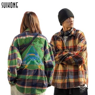 Suikone เสื้อเชิ้ตแขนยาวผู้ชายแฟชั่นพิมพ์ลาย ins สไตล์เกาหลี oversize ทรงหลวมสบาย ๆ แจ็คเก็ตลายสก็อต