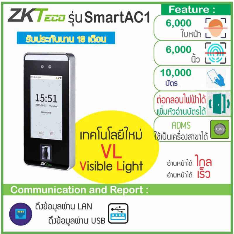 ZKTeco SmartAC1 ,Senseface4a เครื่องสแกนใบหน้า สแกนลายนิ้วมือ เก็บบันทึกเวลา พร้อมชุดกลอน UPS สำรองไ