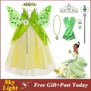 Tiana Tinkerbell ชุดเดรสคอสเพลย์ ปีกมงกุฎ เจ้าหญิงเอลฟ์ ปีก กบ ของขวัญวันเกิด สําหรับเด็กผู้หญิง ปาร์ตี้ฮาโลวีน