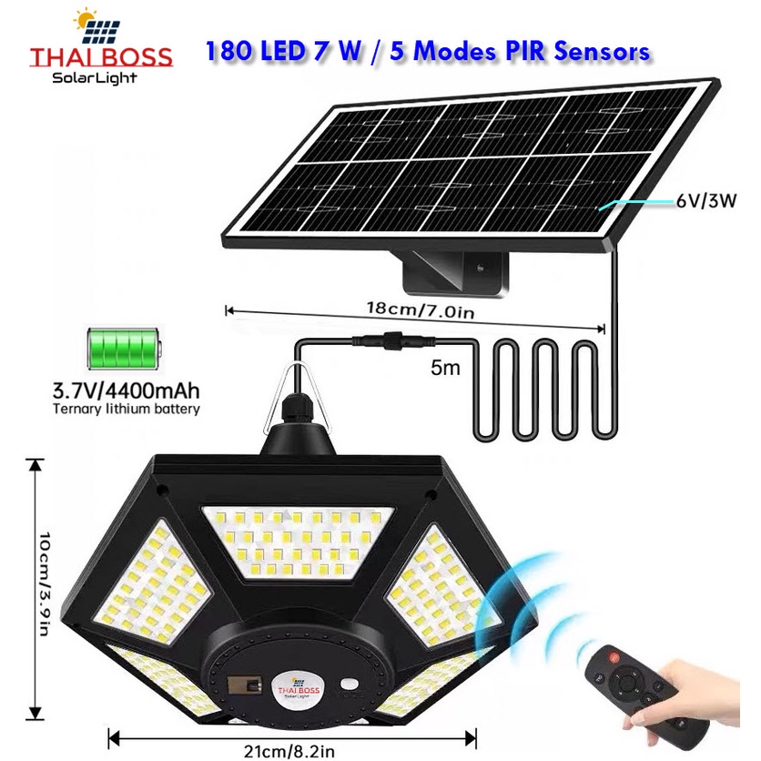 โคมไฟโซล่าเซลล์ติดเพดาน 180 LED 6หัว 5โหมดการทำงาน มีรีโมตแสงควบคุมแยกส่วนแผงโซลล่าเซลล์
