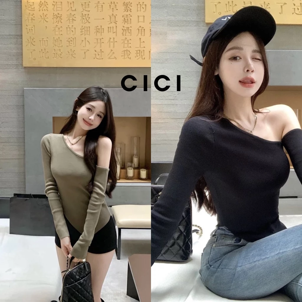ส่งทันที Cici(NO. 20096)เสื้อแขนยาว ปาดไล่เบียงข้าง ดีเทลชายเหลี่ยม เข้ารูปทรงสวยจับแมทซ์ได้ทุกลุค