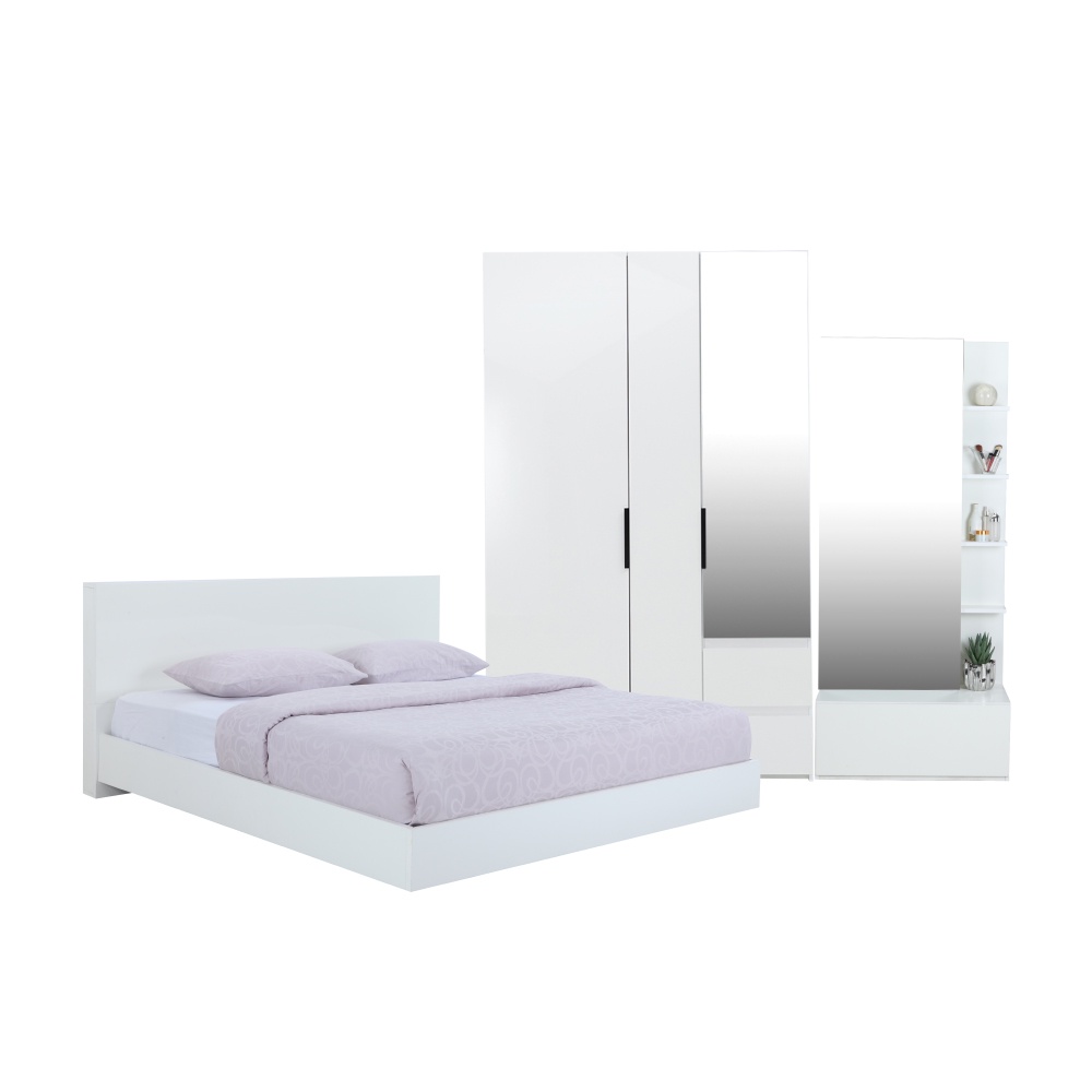 INDEX LIVING MALL ชุดห้องนอน รุ่นแมสซิโม่+แมกซี่ ขนาด 6 ฟุต (เตียงนอน(พื้นเตียงซี่)+ตู้เสื้อผ้า 3 บาน พร้อมกระจกเงา+โต๊ะเครื่องแป้ง) - สีขาว