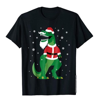 เสื้อยีด T-Rex ซานตาไดโนเสาร์ตลกคริสต์มาสเสื้อผู้ชายฮิปฮอปกลุ่มเสื้อ Tees ผ้าฝ้ายฟิตเนสเสื้อ