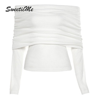 Sweeticme ใหม่ เสื้อยืดลําลอง แขนยาว เปิดไหล่ เข้ารูป สีพื้น แฟชั่นสําหรับสตรี 2022