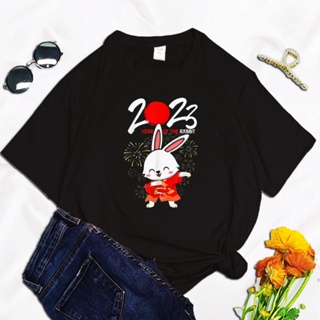 ผ้าฝ้าย 100% เสื้อยืดผ้าฝ้าย 2023 2023 Happy New Year Kawaii Funny Cute Rabbit print ladies T-shirt casual basis O-colla