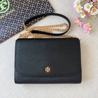 หายาก Tory Burch Emerson Black Saffiano Chain Wallet Clutch Crossbody Purse Bag 136093